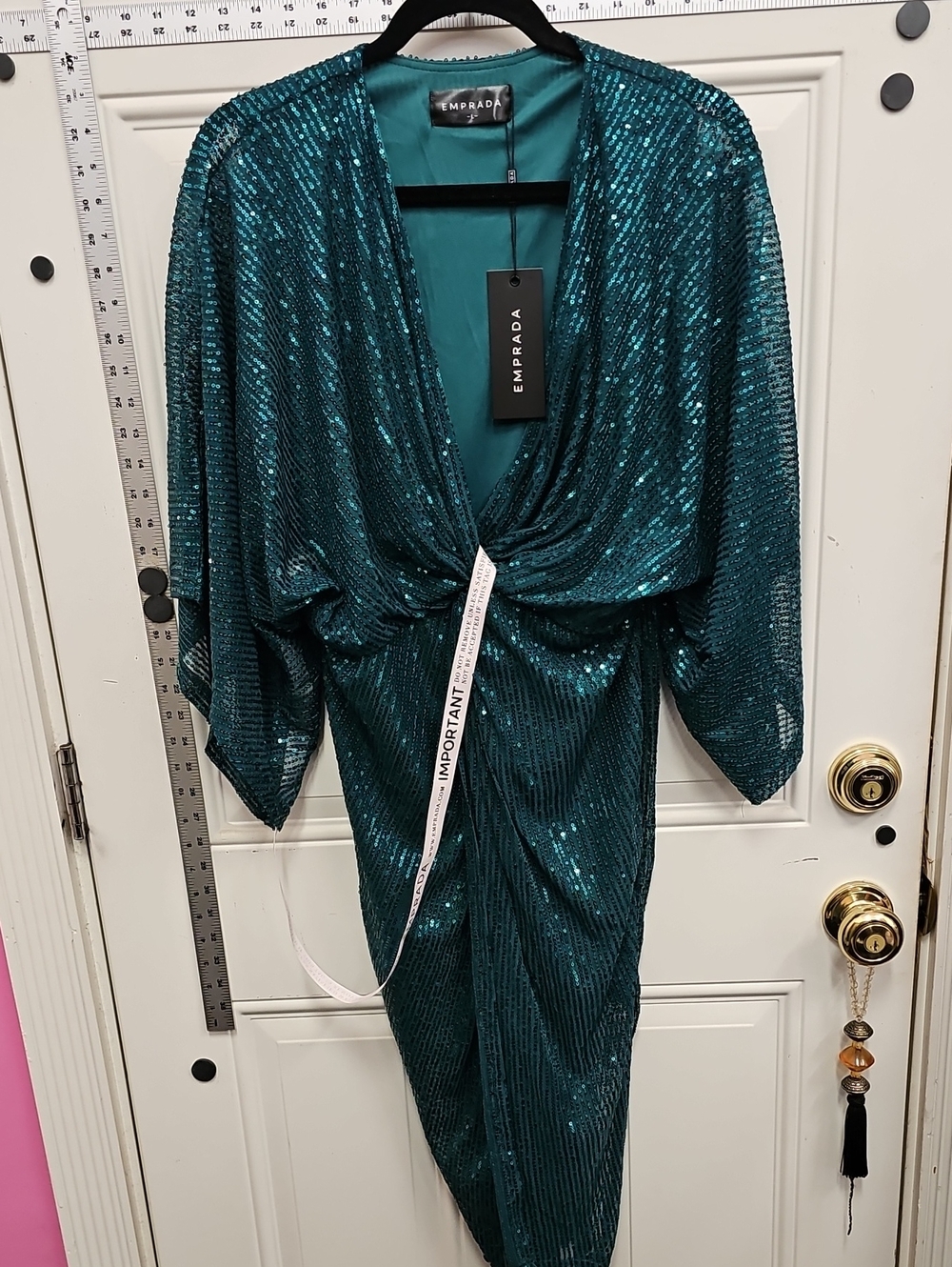 Emprada Teal Sequin Twist-Front Long Sleeve Dress